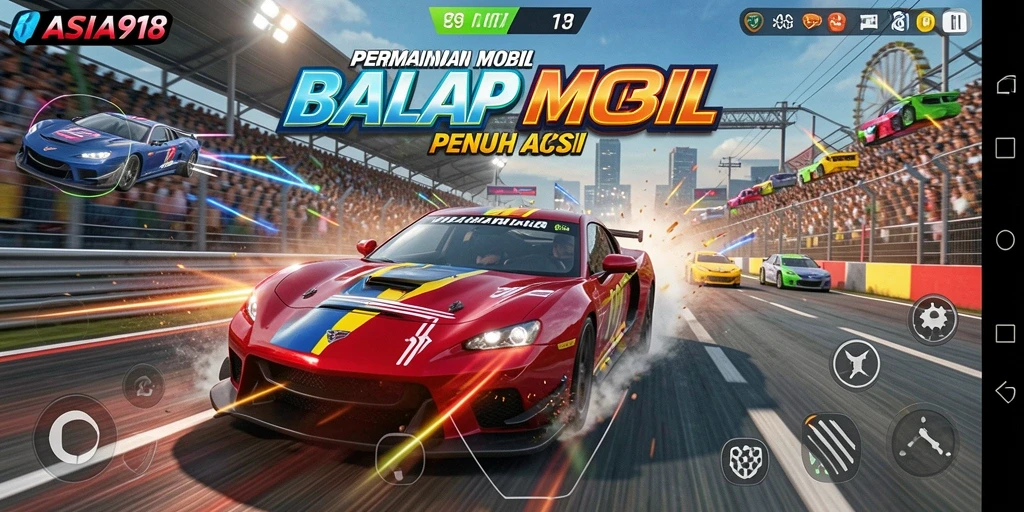 Tampilan screenshot ASIA918 menunjukkan aksi balap mobil yang mendebarkan.