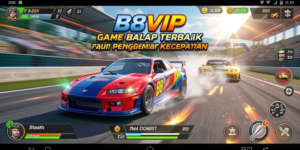 Tangkapan layar B8VIP menampilkan keseruan balapan mobil di lintasan yang menantang.
