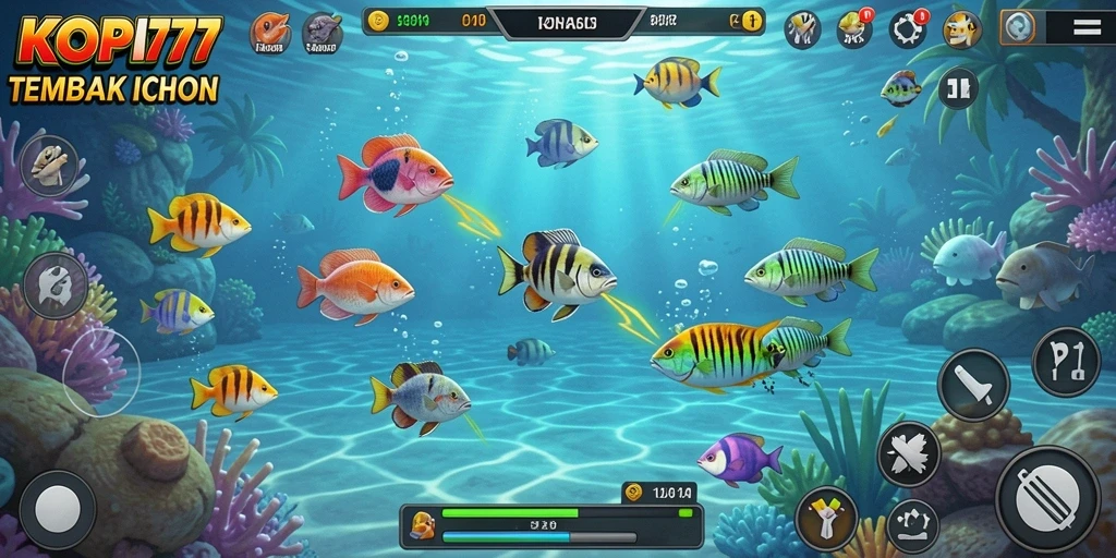 Tangkapan layar menunjukkan aksi seru dalam game Tembak Ikan KOPI77.