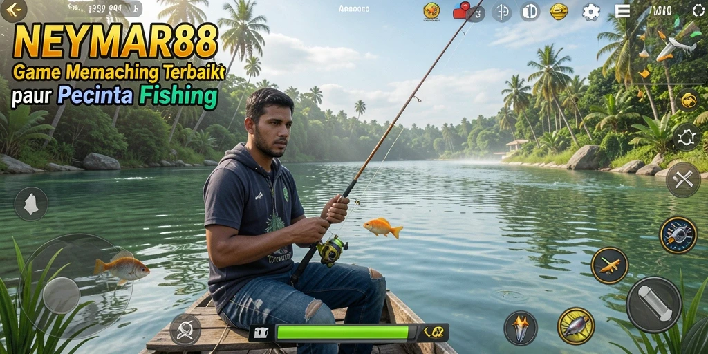 Screenshot gameplay NEYMAR88 dengan pemandangan memancing yang menakjubkan.