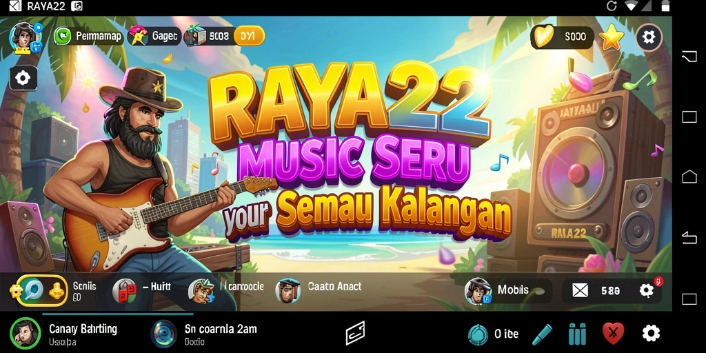 Screenshot menunjukkan gameplay RAYA22 dengan berbagai pilihan musik.