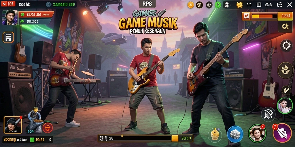 Tangkapan layar dari gameplay RP8 yang menampilkan aktivitas musik seru.