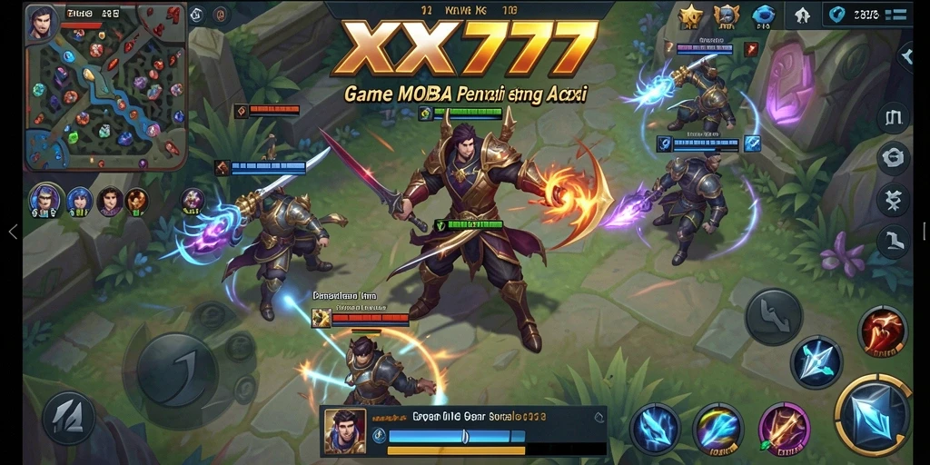 Screenshot permainan XXX777 menunjukkan aksi MOBA yang mendebarkan.